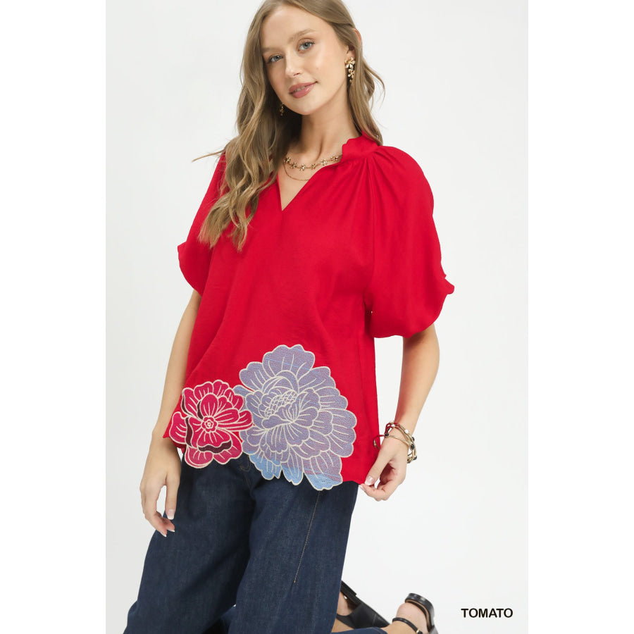 Umgee Floral Embroidered Hem Blouse Apparel and Accessories