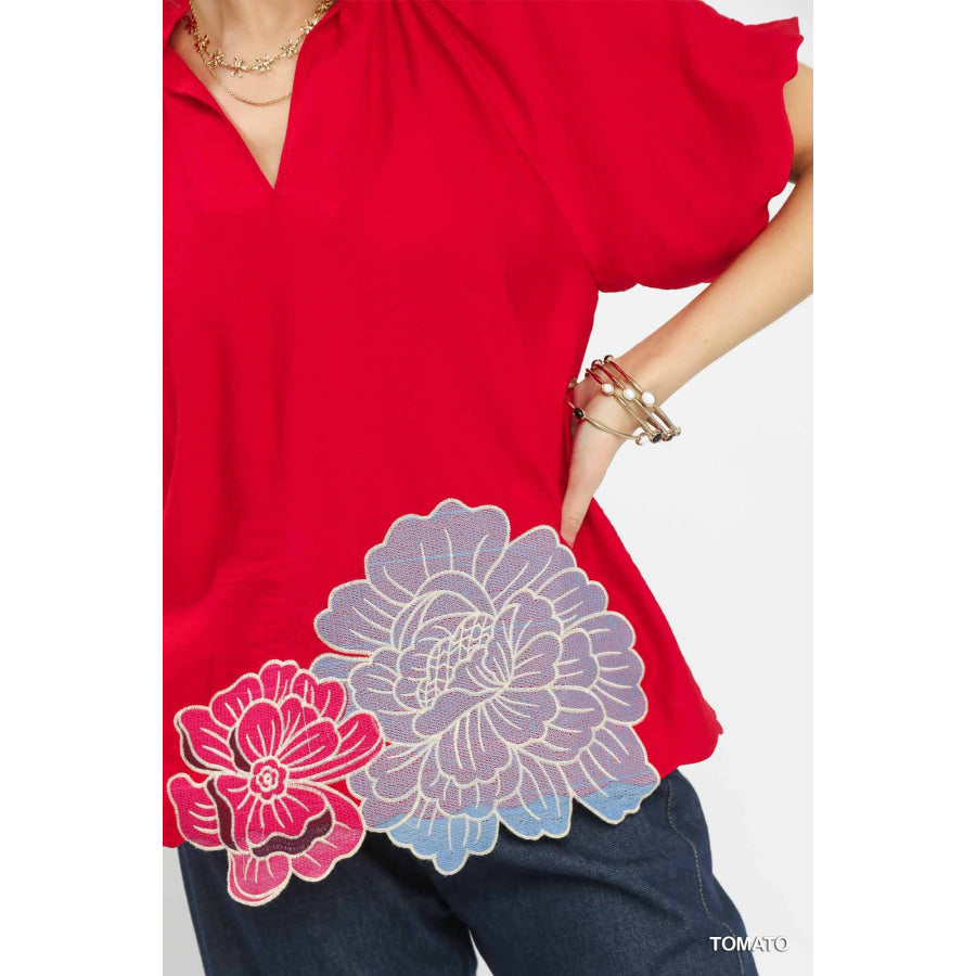 Umgee Floral Embroidered Hem Blouse Apparel and Accessories