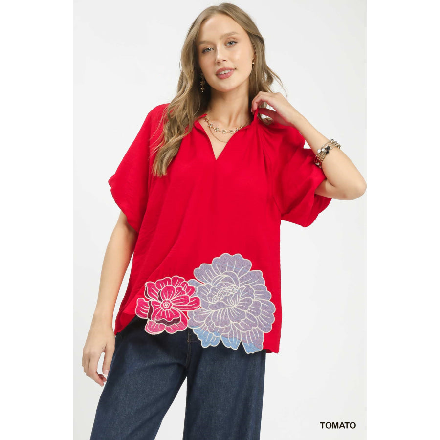 Umgee Floral Embroidered Hem Blouse TOMATO / S Apparel and Accessories