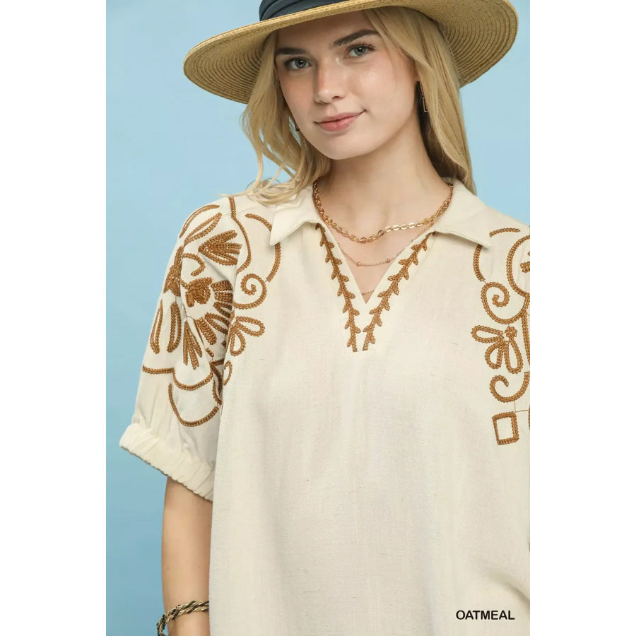 Umgee Floral Embroidered Sleeve Blouse Apparel and Accessories