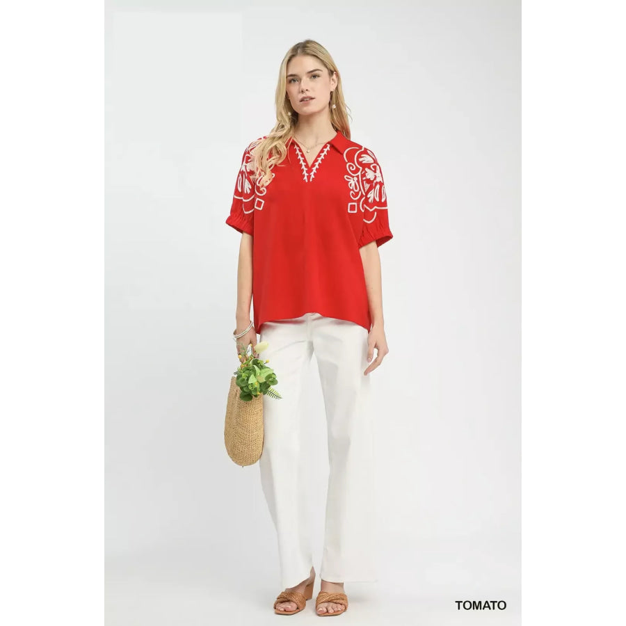 Umgee Floral Embroidered Sleeve Blouse TOMATO / S Apparel and Accessories