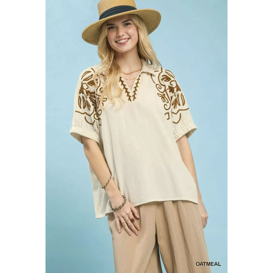 Umgee Floral Embroidered Sleeve Blouse Apparel and Accessories
