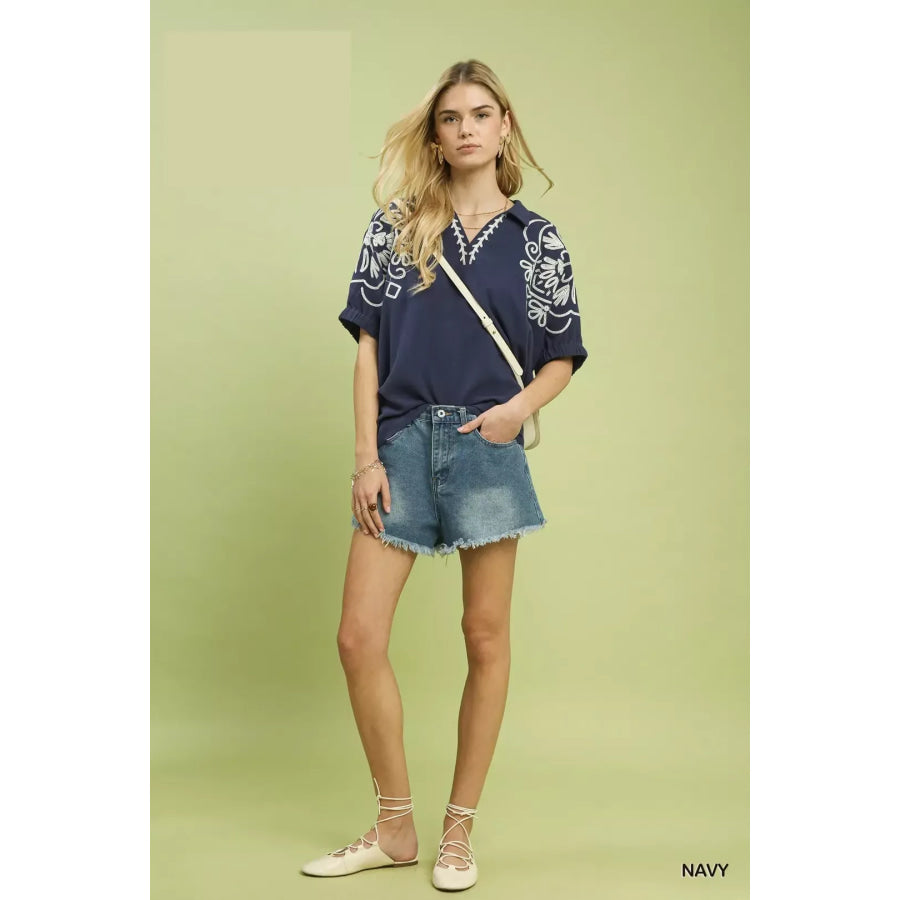 Umgee Floral Embroidered Sleeve Blouse Apparel and Accessories