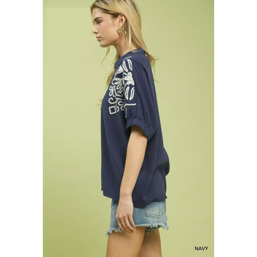 Umgee Floral Embroidered Sleeve Blouse NAVY / S Apparel and Accessories