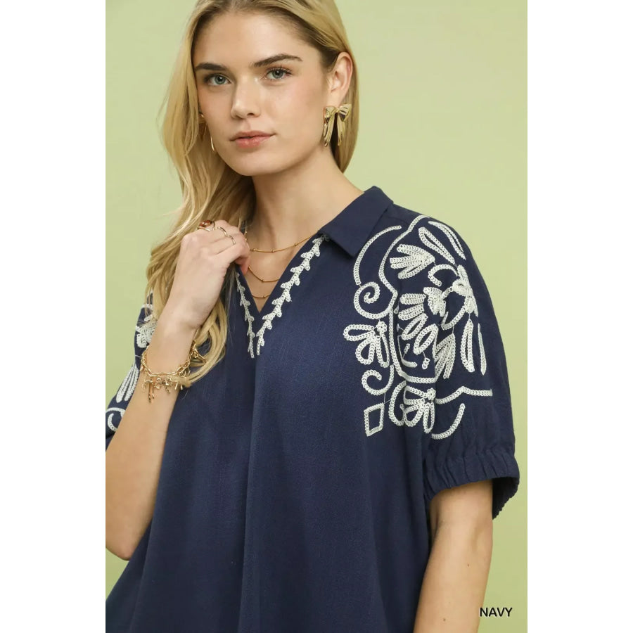 Umgee Floral Embroidered Sleeve Blouse Apparel and Accessories