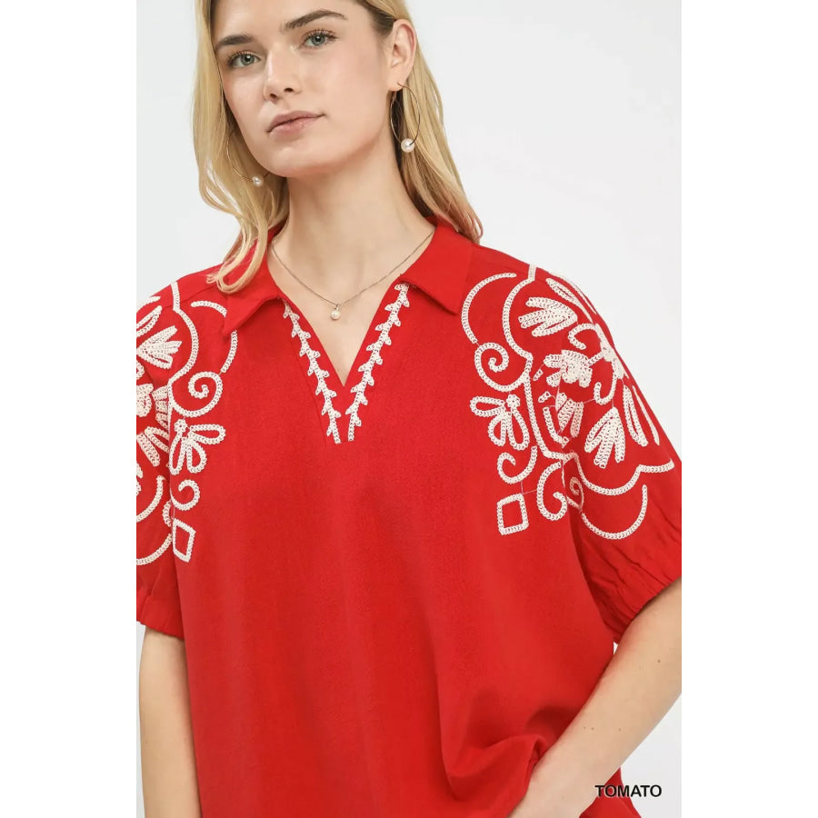Umgee Floral Embroidered Sleeve Blouse Apparel and Accessories