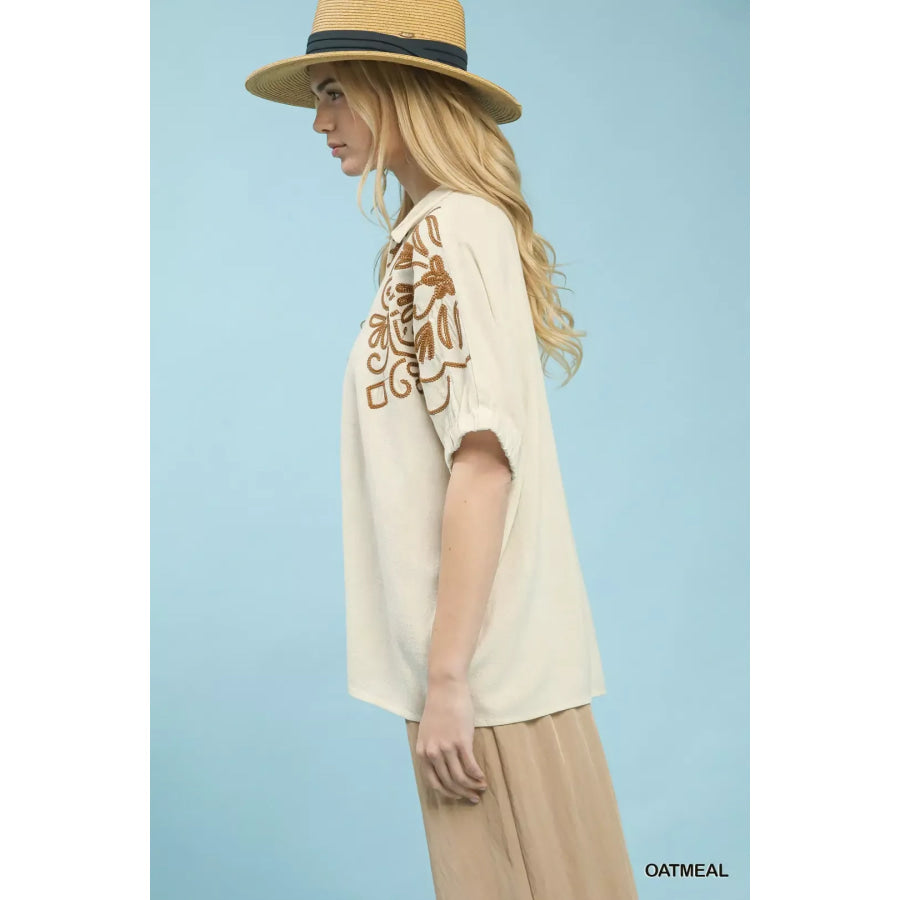 Umgee Floral Embroidered Sleeve Blouse Apparel and Accessories