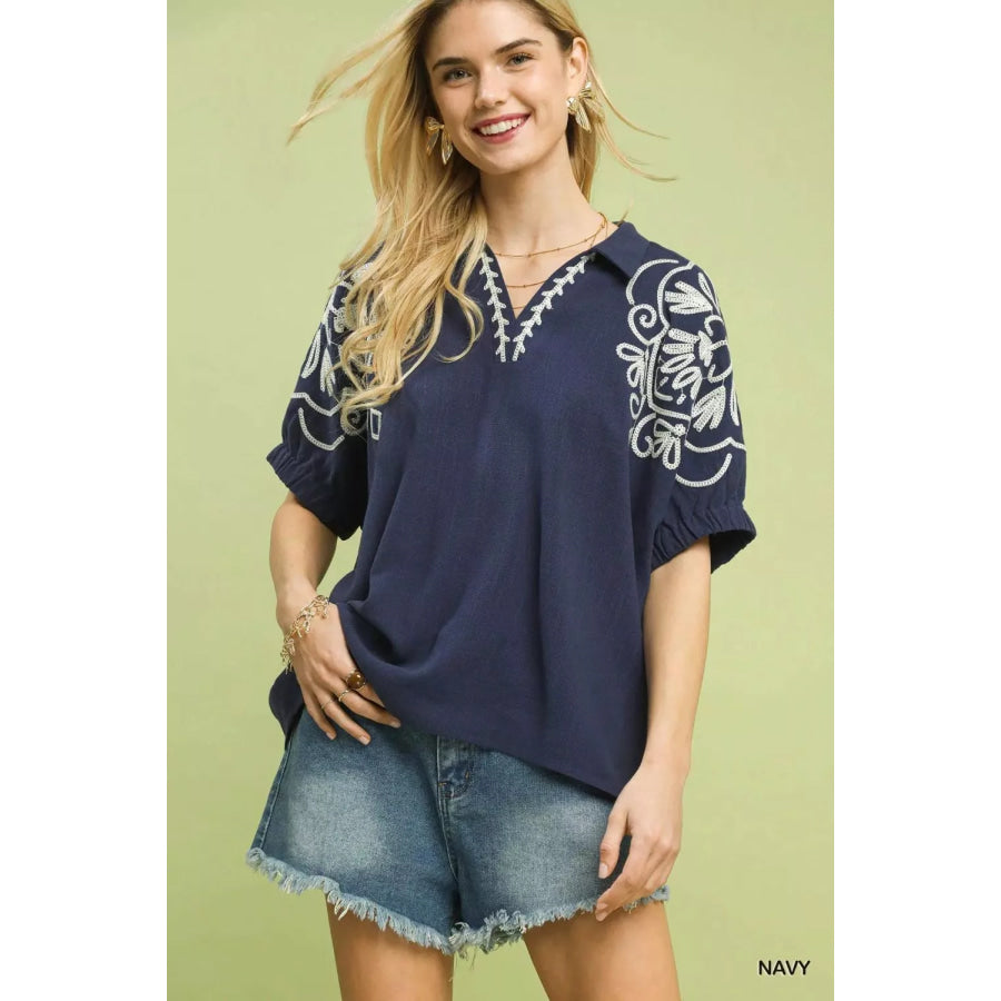 Umgee Floral Embroidered Sleeve Blouse NAVY / S Apparel and Accessories
