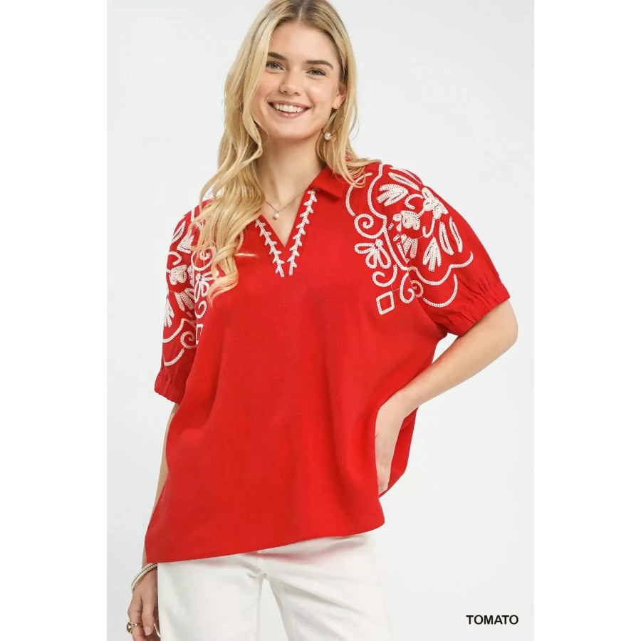 Umgee Floral Embroidered Sleeve Blouse TOMATO / S Apparel and Accessories