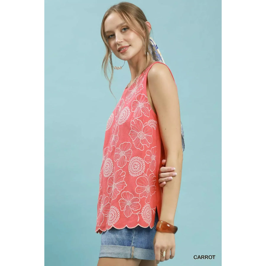 Umgee Floral Embroidered Sleeveless Top CARROT / S Apparel and Accessories