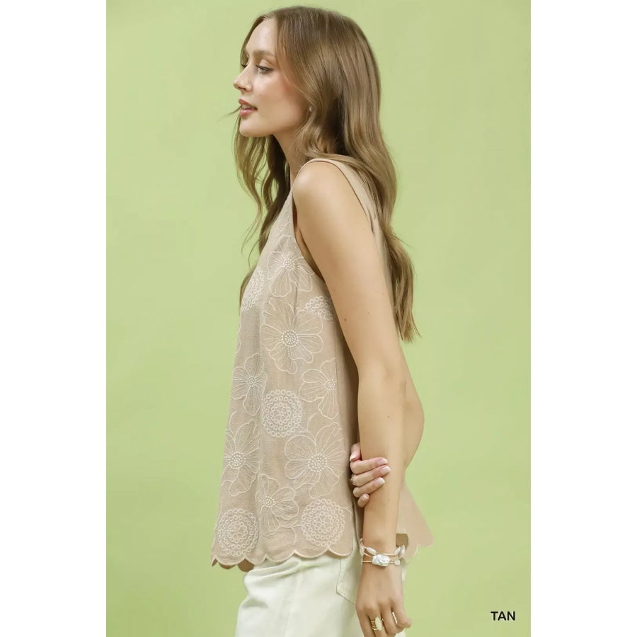 Umgee Floral Embroidered Sleeveless Top TAN / S Apparel and Accessories