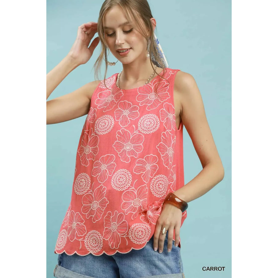 Umgee Floral Embroidered Sleeveless Top CARROT / S Apparel and Accessories