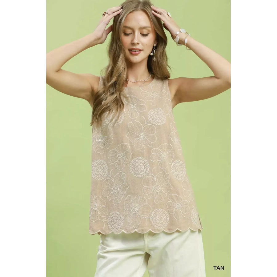 Umgee Floral Embroidered Sleeveless Top TAN / S Apparel and Accessories