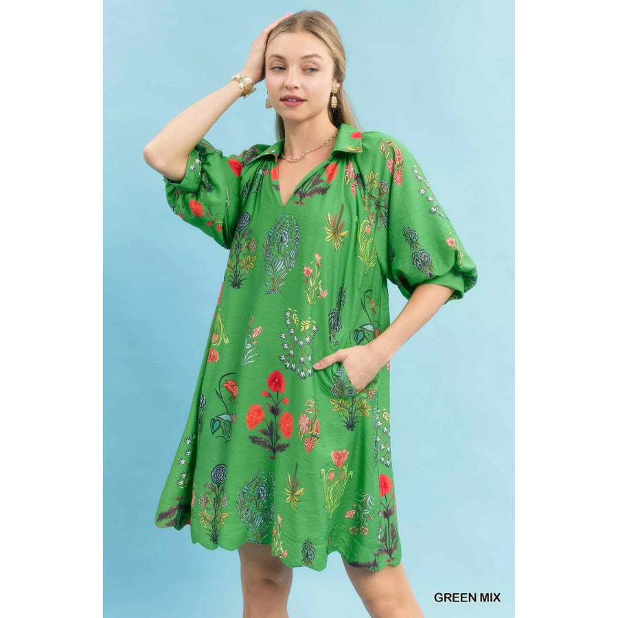 Umgee Floral Encyclopedia Print Mini Dress GREEN MIX / S Apparel and Accessories