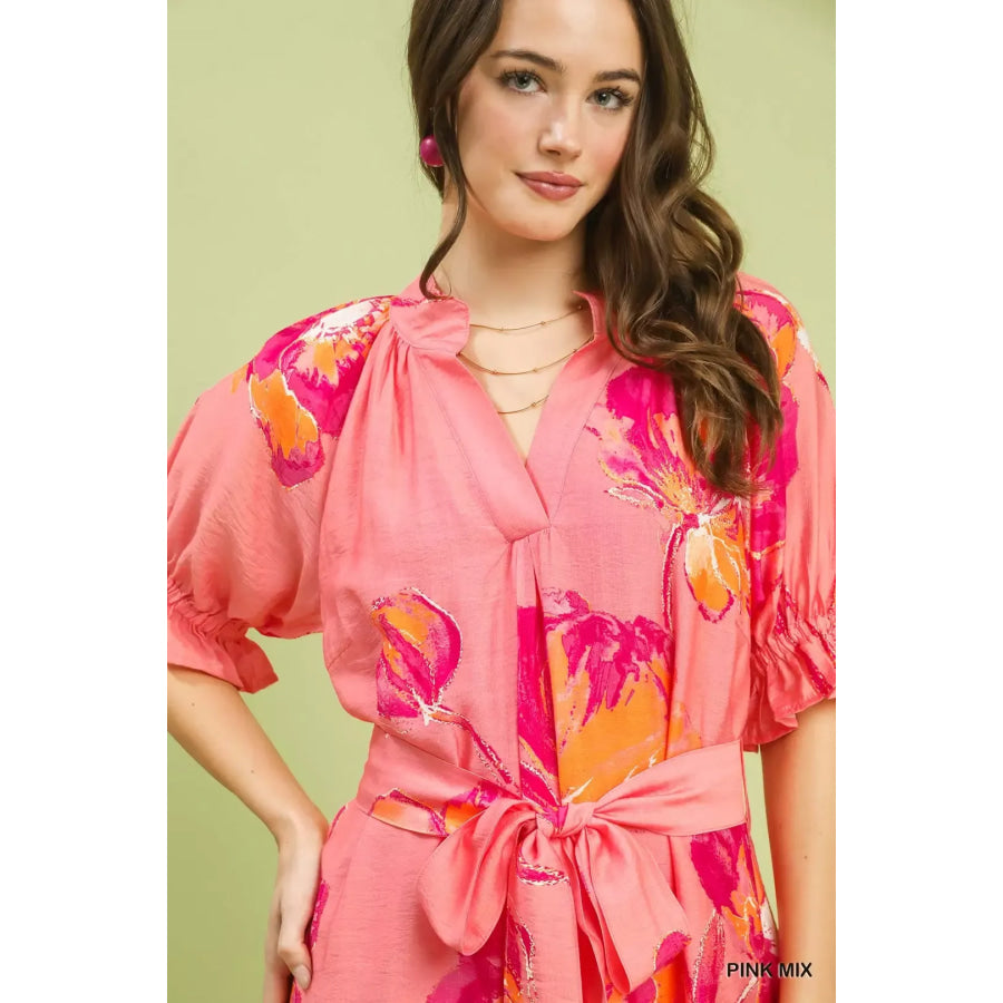 Umgee Floral Flounce Sleeve Midi Dress with Belted Apparel and Accessories