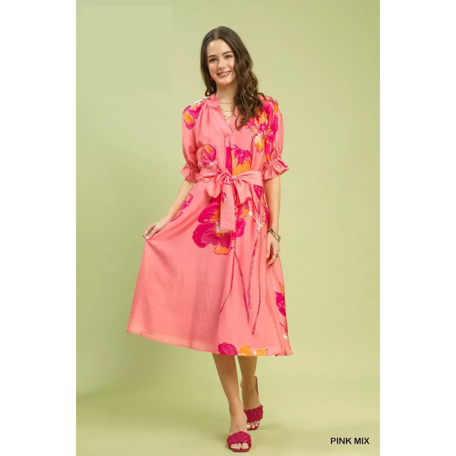 Umgee Floral Flounce Sleeve Midi Dress with Belted PINKMIX / S Apparel and Accessories