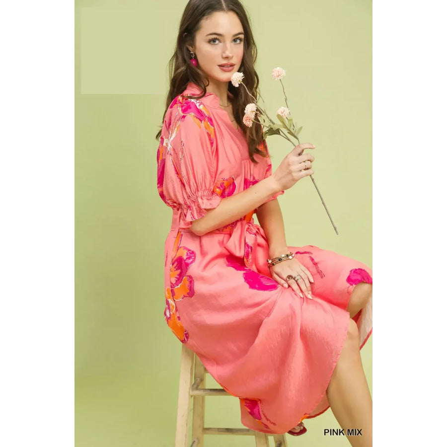 Umgee Floral Flounce Sleeve Midi Dress with Belted Apparel and Accessories