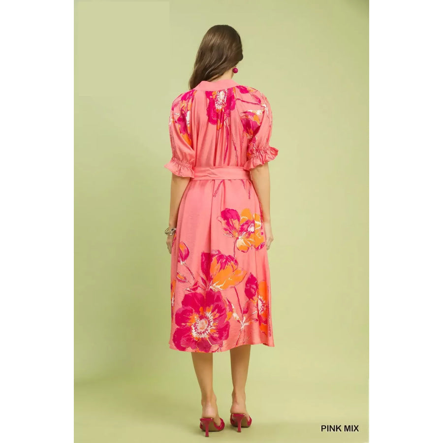 Umgee Floral Flounce Sleeve Midi Dress with Belted Apparel and Accessories