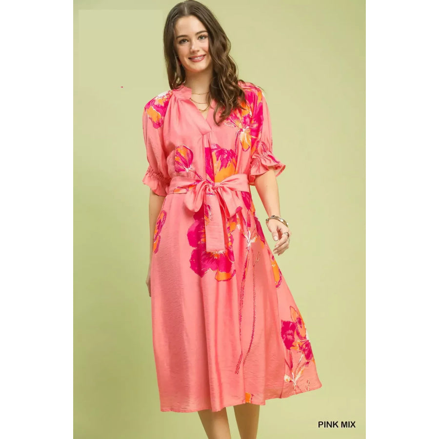Umgee Floral Flounce Sleeve Midi Dress with Belted PINKMIX / S Apparel and Accessories