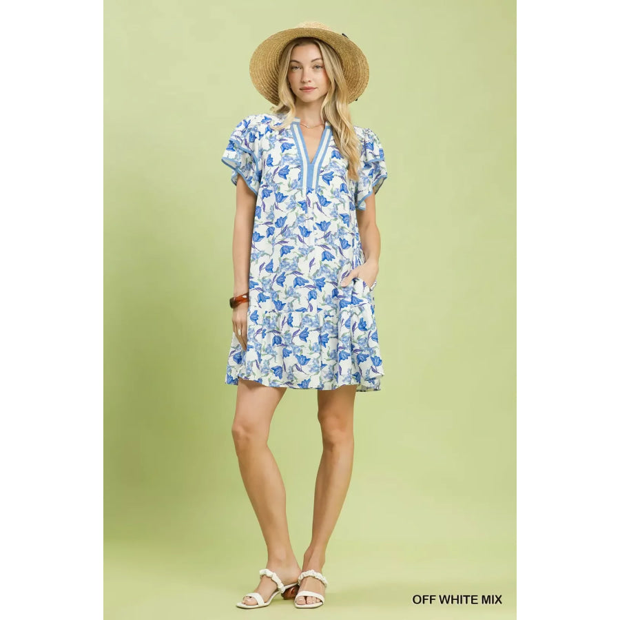 Umgee Floral Flutter Sleeve Tiered Dress Apparel and Accessories