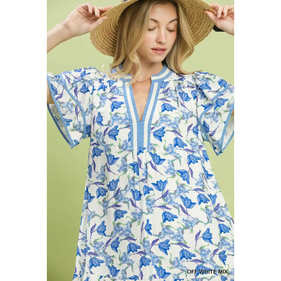 Umgee Floral Flutter Sleeve Tiered Dress Apparel and Accessories