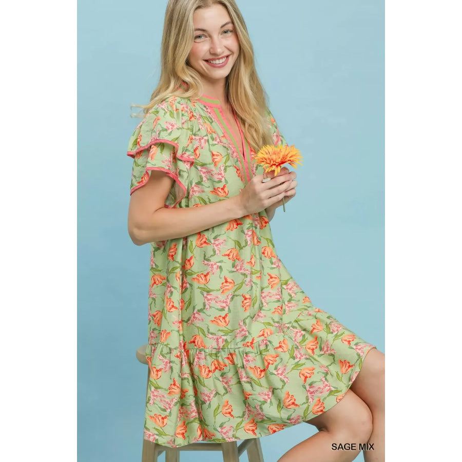 Umgee Floral Flutter Sleeve Tiered Dress Apparel and Accessories