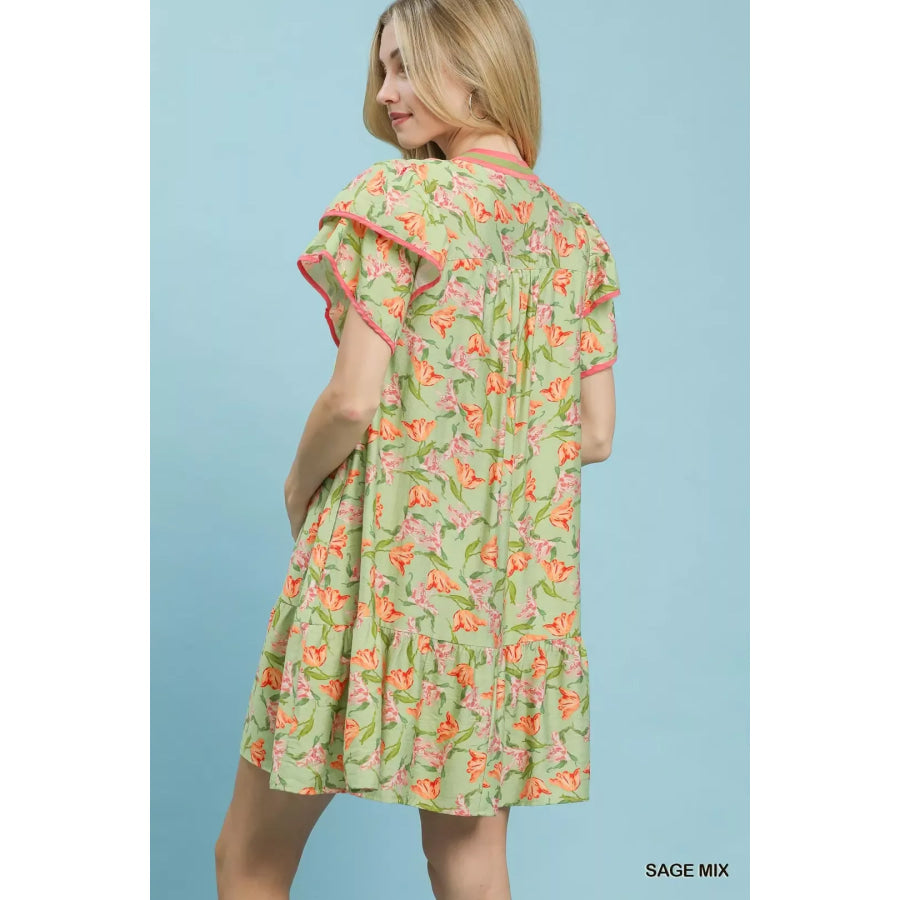 Umgee Floral Flutter Sleeve Tiered Dress Apparel and Accessories