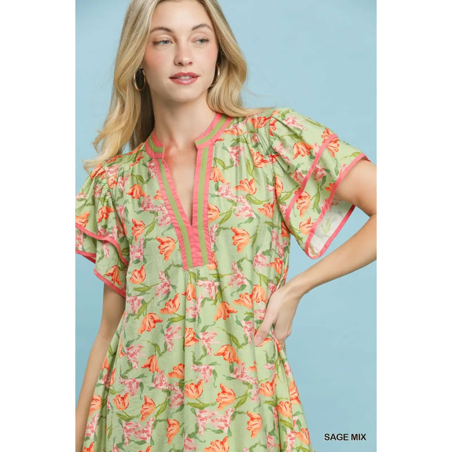 Umgee Floral Flutter Sleeve Tiered Dress Apparel and Accessories