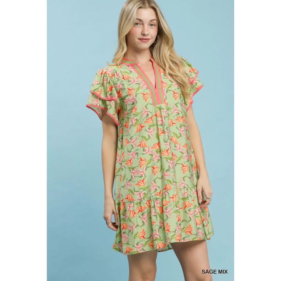 Umgee Floral Flutter Sleeve Tiered Dress Apparel and Accessories