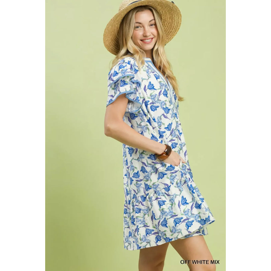 Umgee Floral Flutter Sleeve Tiered Dress Apparel and Accessories