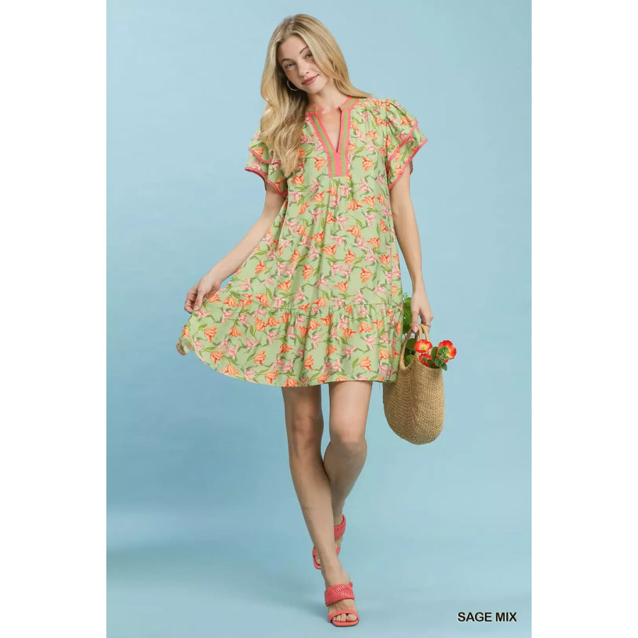 Umgee Floral Flutter Sleeve Tiered Dress Apparel and Accessories