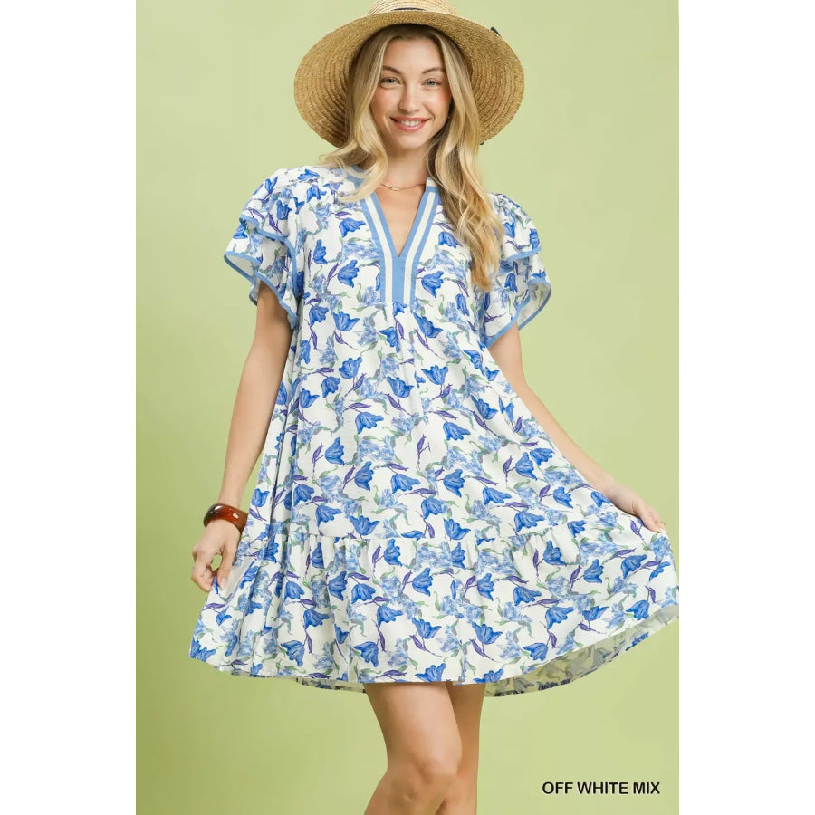 Umgee Floral Flutter Sleeve Tiered Dress OFF WHITE MIX / S Apparel and Accessories