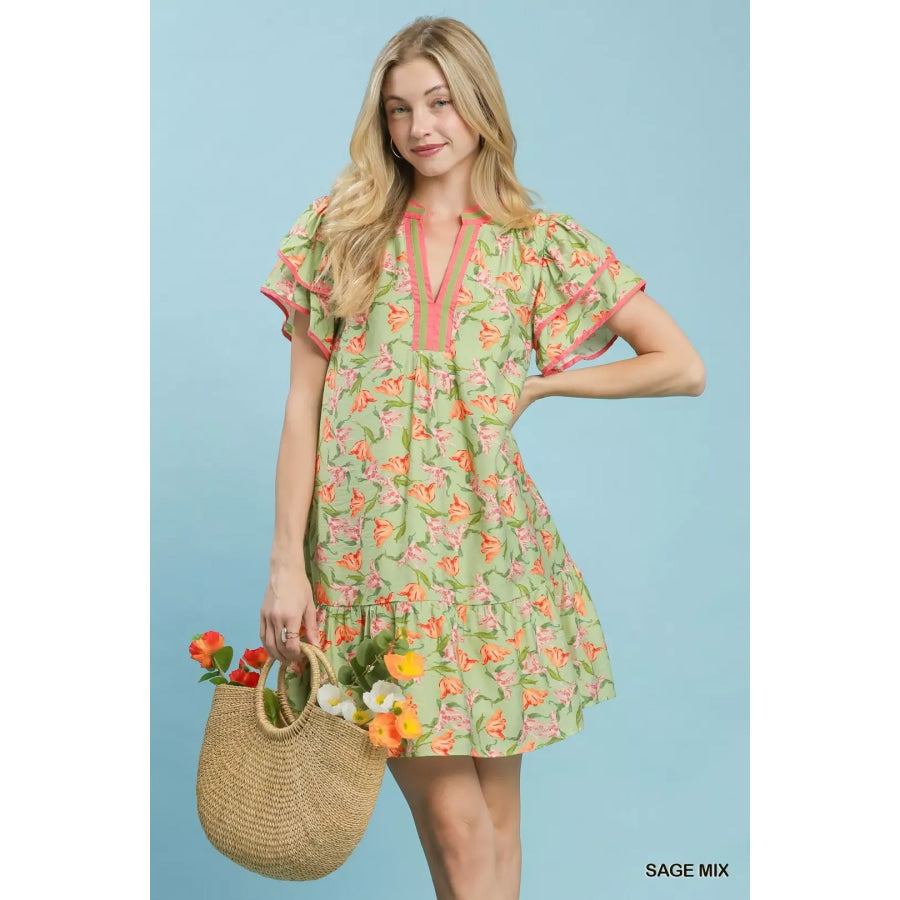 Umgee Floral Flutter Sleeve Tiered Dress SAGE MIX / S Apparel and Accessories