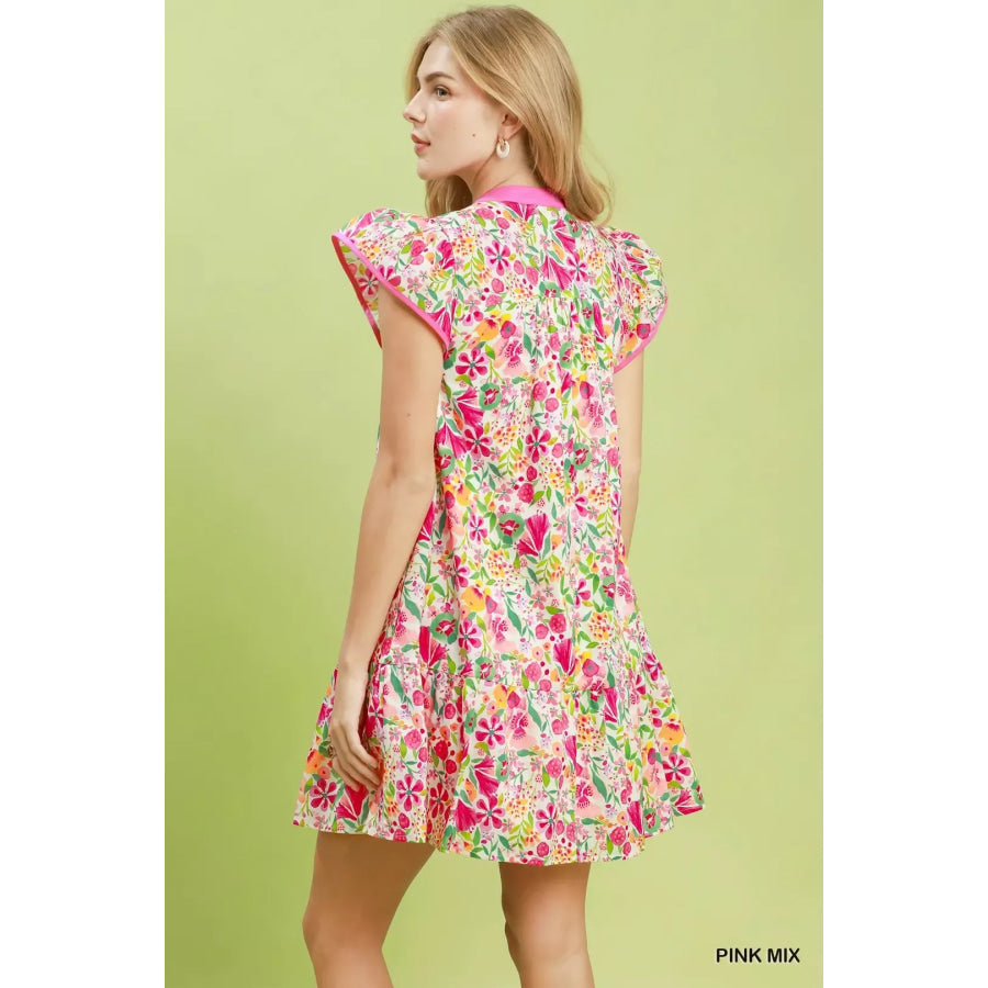 Umgee Floral Flutter Sleeve Tiered Mini Dress Apparel and Accessories