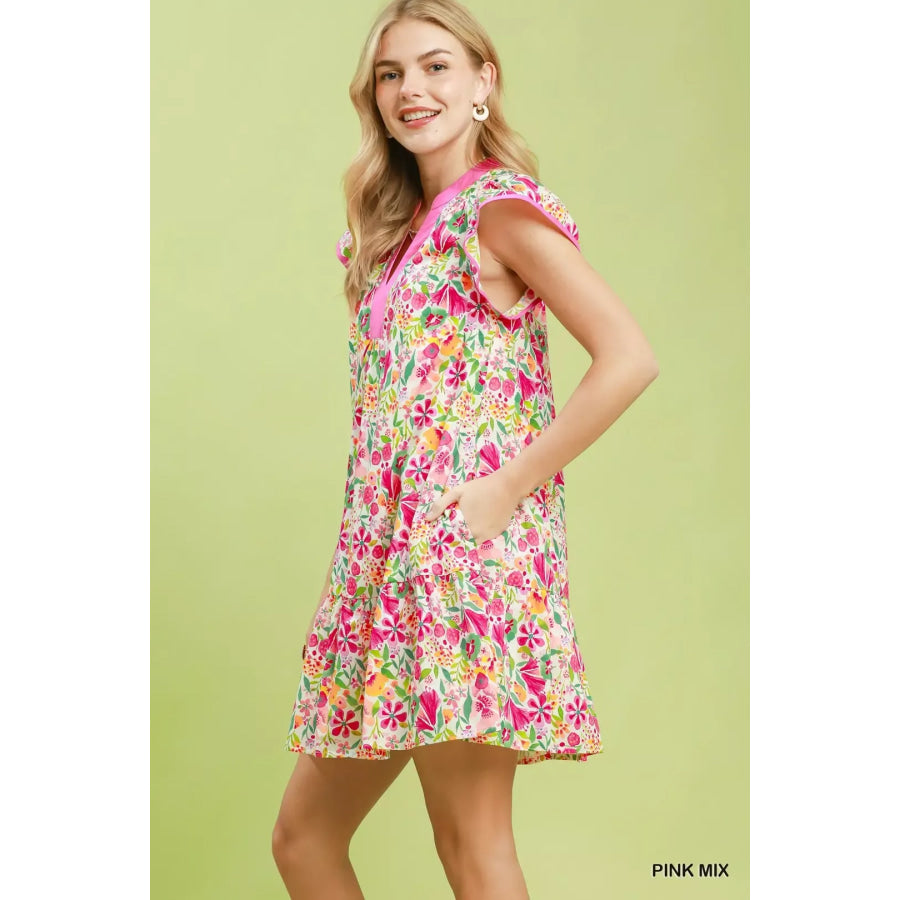 Umgee Floral Flutter Sleeve Tiered Mini Dress PINK MIX / S Apparel and Accessories