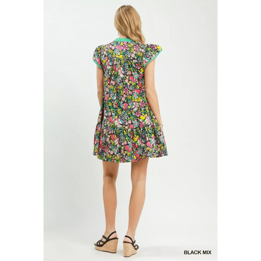 Umgee Floral Flutter Sleeve Tiered Mini Dress Apparel and Accessories