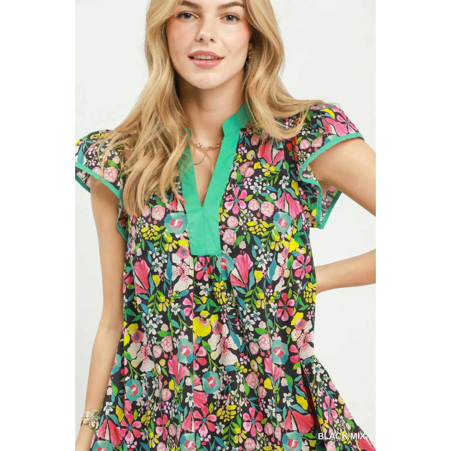 Umgee Floral Flutter Sleeve Tiered Mini Dress Apparel and Accessories