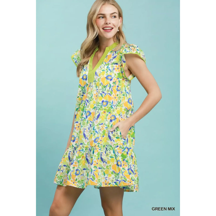 Umgee Floral Flutter Sleeve Tiered Mini Dress GREEN MIX / S Apparel and Accessories