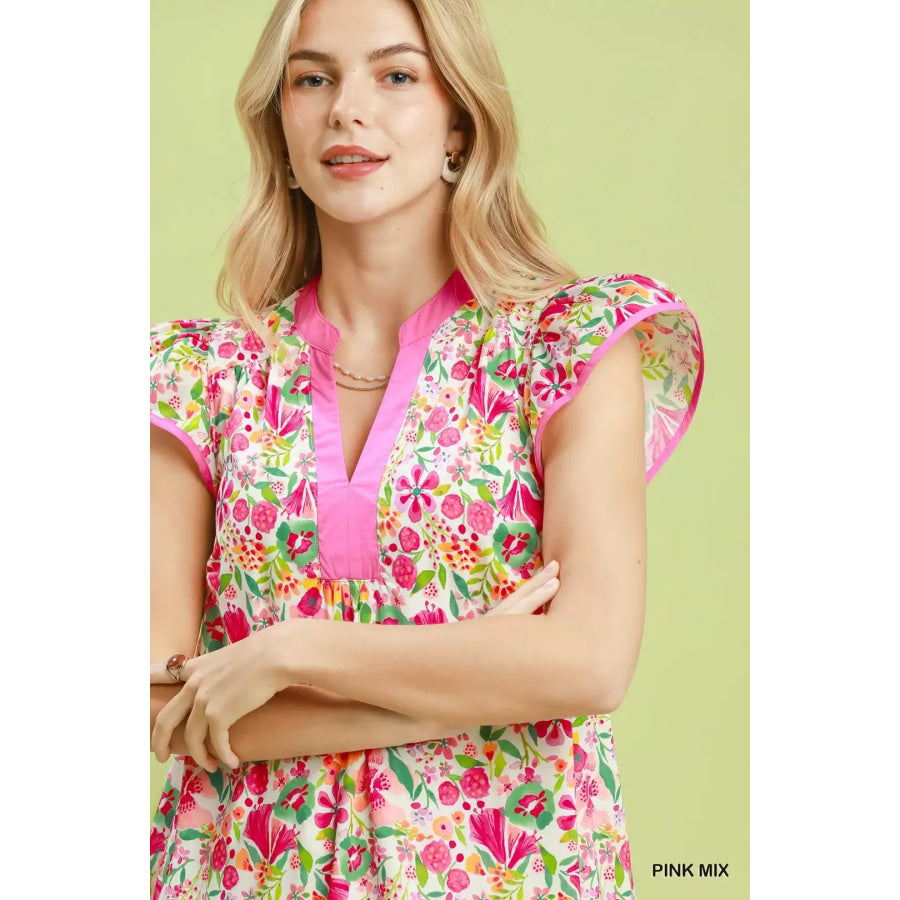 Umgee Floral Flutter Sleeve Tiered Mini Dress Apparel and Accessories