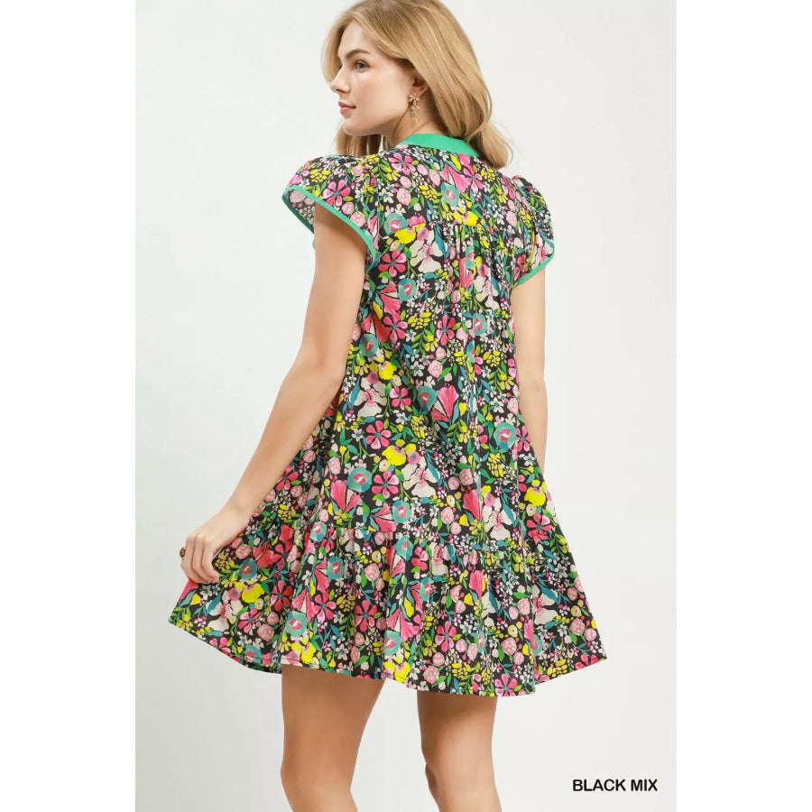 Umgee Floral Flutter Sleeve Tiered Mini Dress Apparel and Accessories