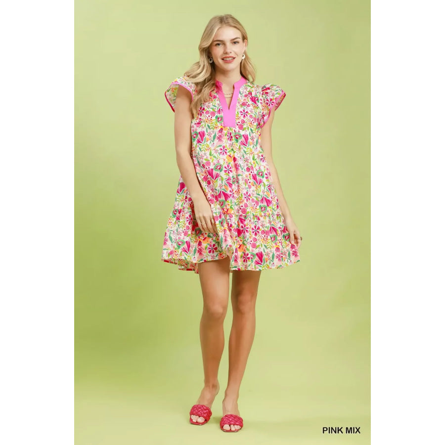 Umgee Floral Flutter Sleeve Tiered Mini Dress Apparel and Accessories