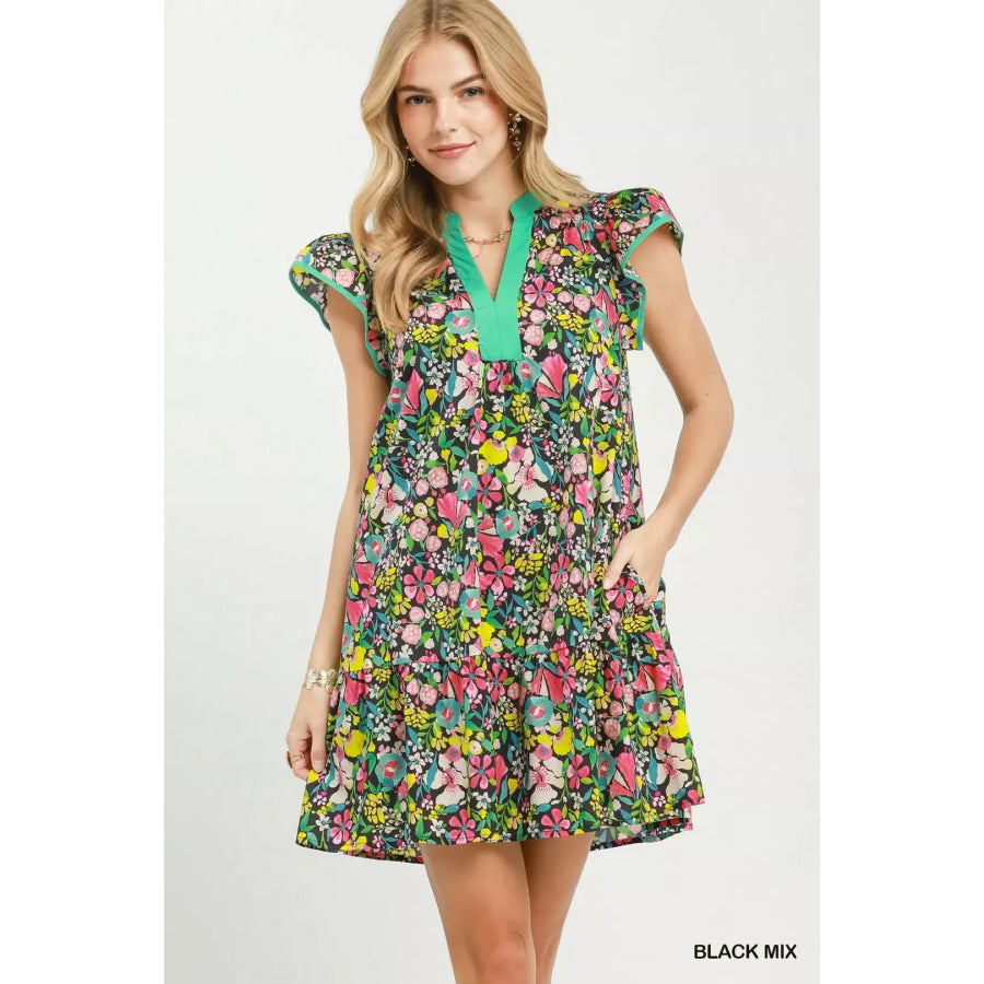 Umgee Floral Flutter Sleeve Tiered Mini Dress BLACK MIX / S Apparel and Accessories