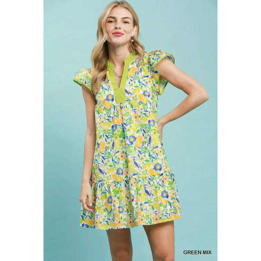 Umgee Floral Flutter Sleeve Tiered Mini Dress GREEN MIX / S Apparel and Accessories