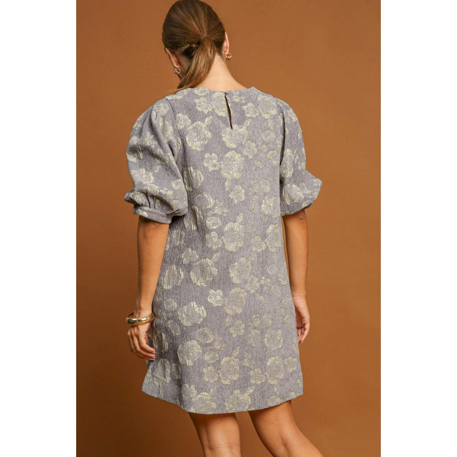 Umgee Floral Jacquard Puff Sleeve Mini Dress Apparel and Accessories