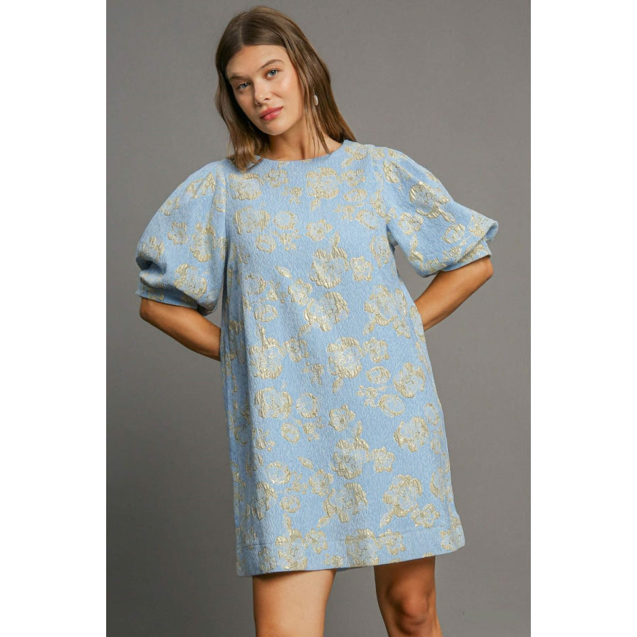 Umgee Floral Jacquard Puff Sleeve Mini Dress Apparel and Accessories