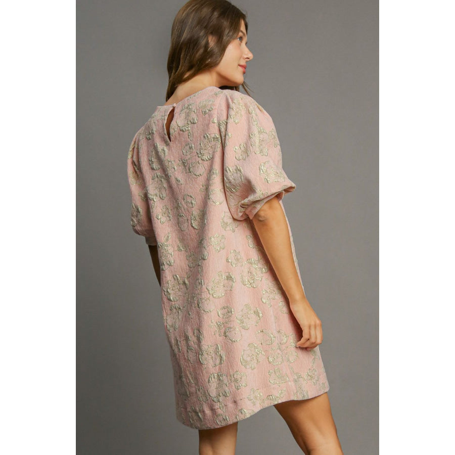 Umgee Floral Jacquard Puff Sleeve Mini Dress Apparel and Accessories