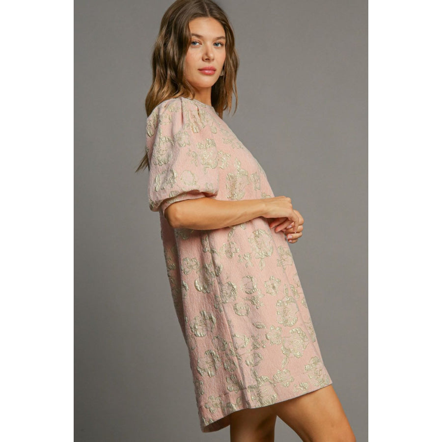 Umgee Floral Jacquard Puff Sleeve Mini Dress Apparel and Accessories