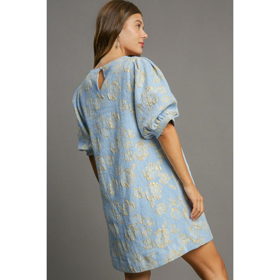 Umgee Floral Jacquard Puff Sleeve Mini Dress Apparel and Accessories