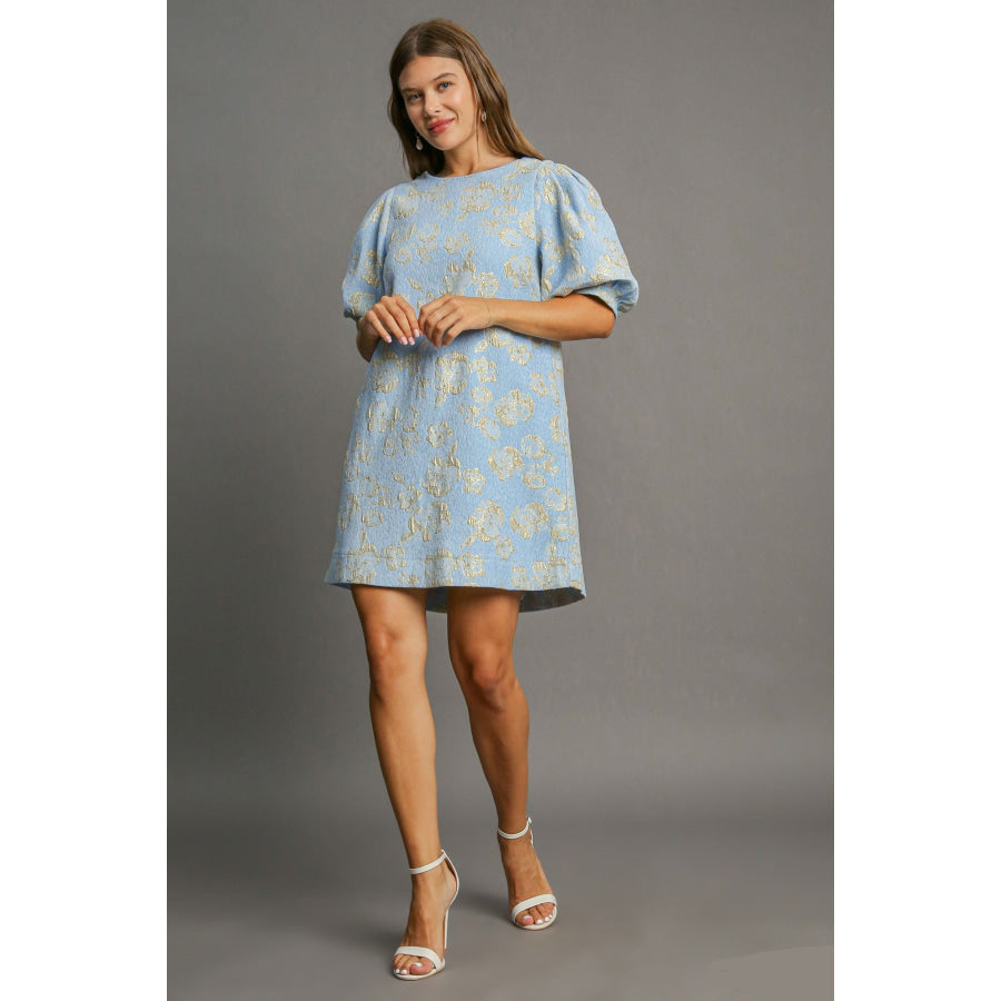 Umgee Floral Jacquard Puff Sleeve Mini Dress Apparel and Accessories