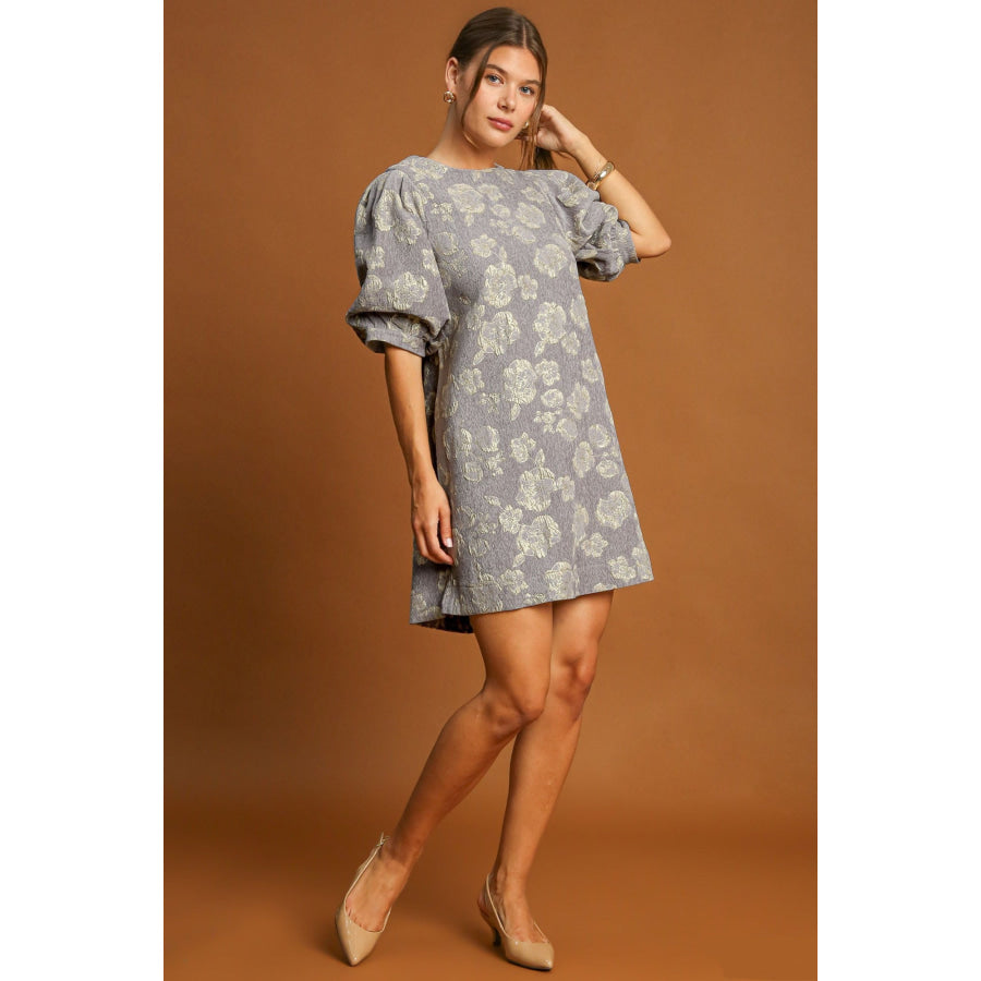 Umgee Floral Jacquard Puff Sleeve Mini Dress Apparel and Accessories